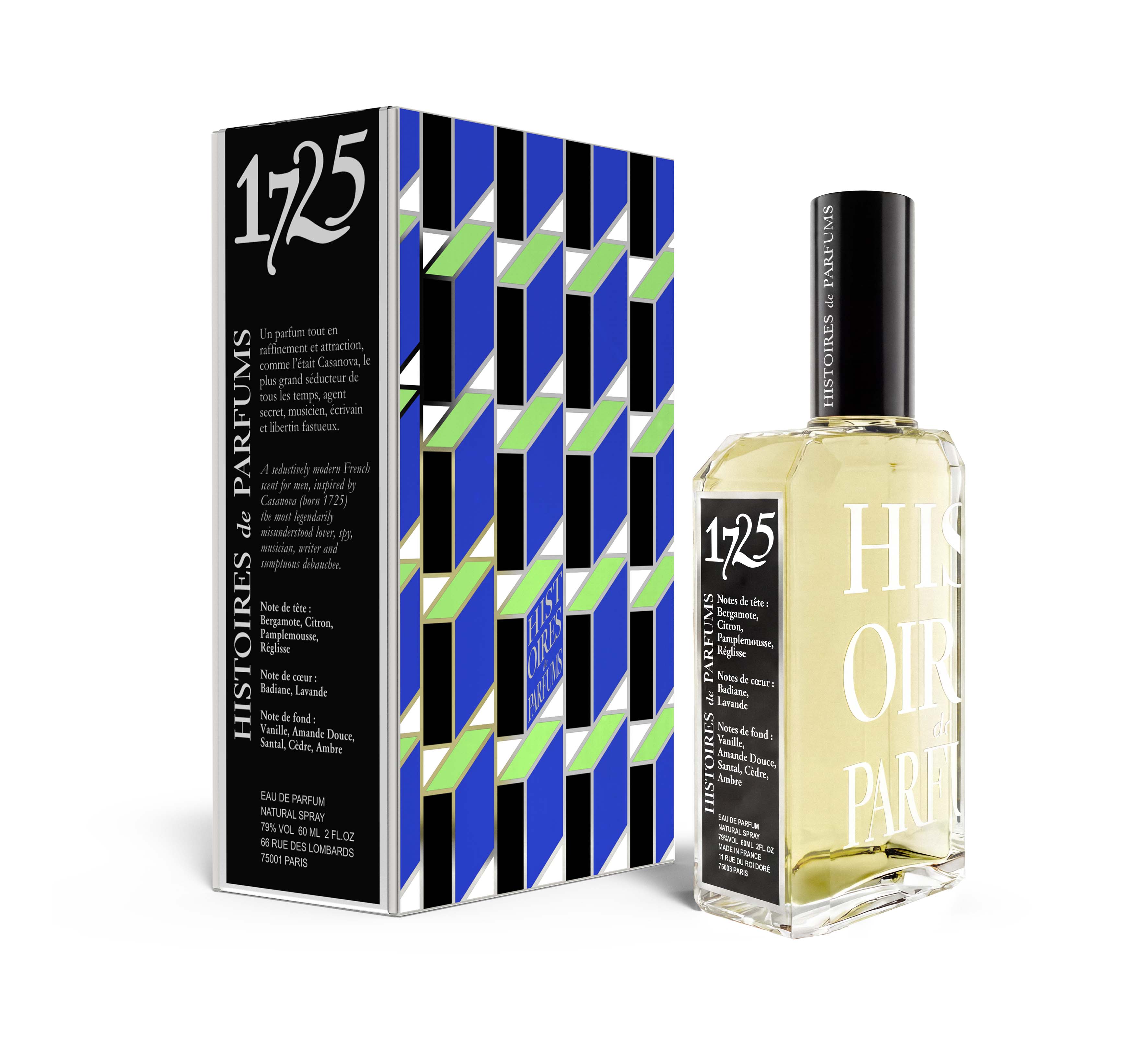 A perfume bottle of 1725 - 2 fl.oz next to its packaging box.