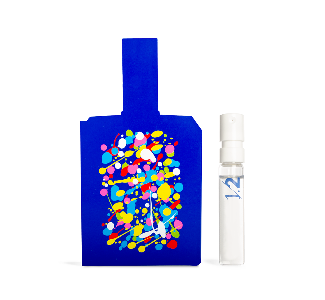 Bottle shaped sample card with This is not a blue bottle 1/.2 sample