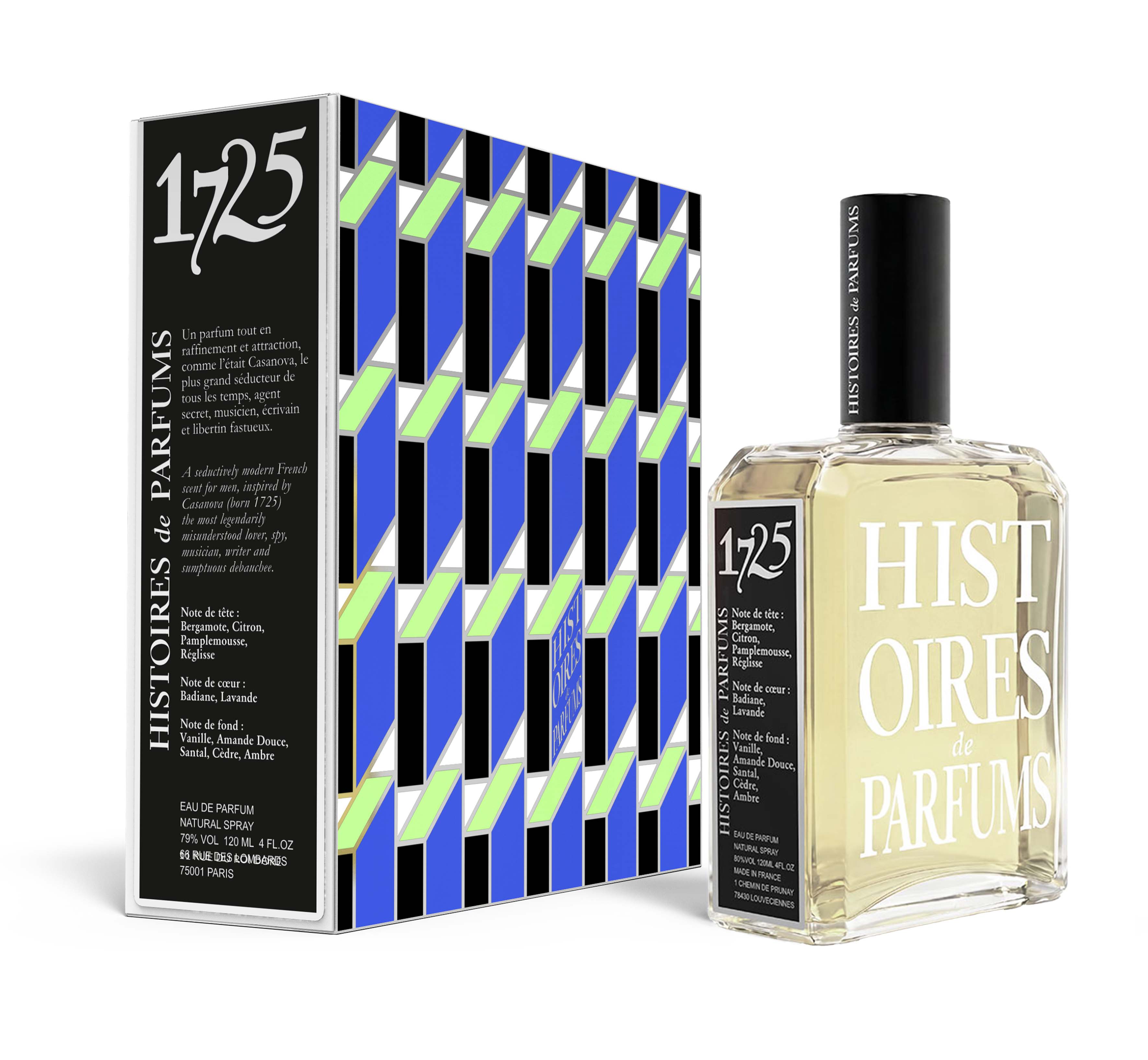 A perfume bottle of 1725 - 4 fl.oz next to its packaging box. 