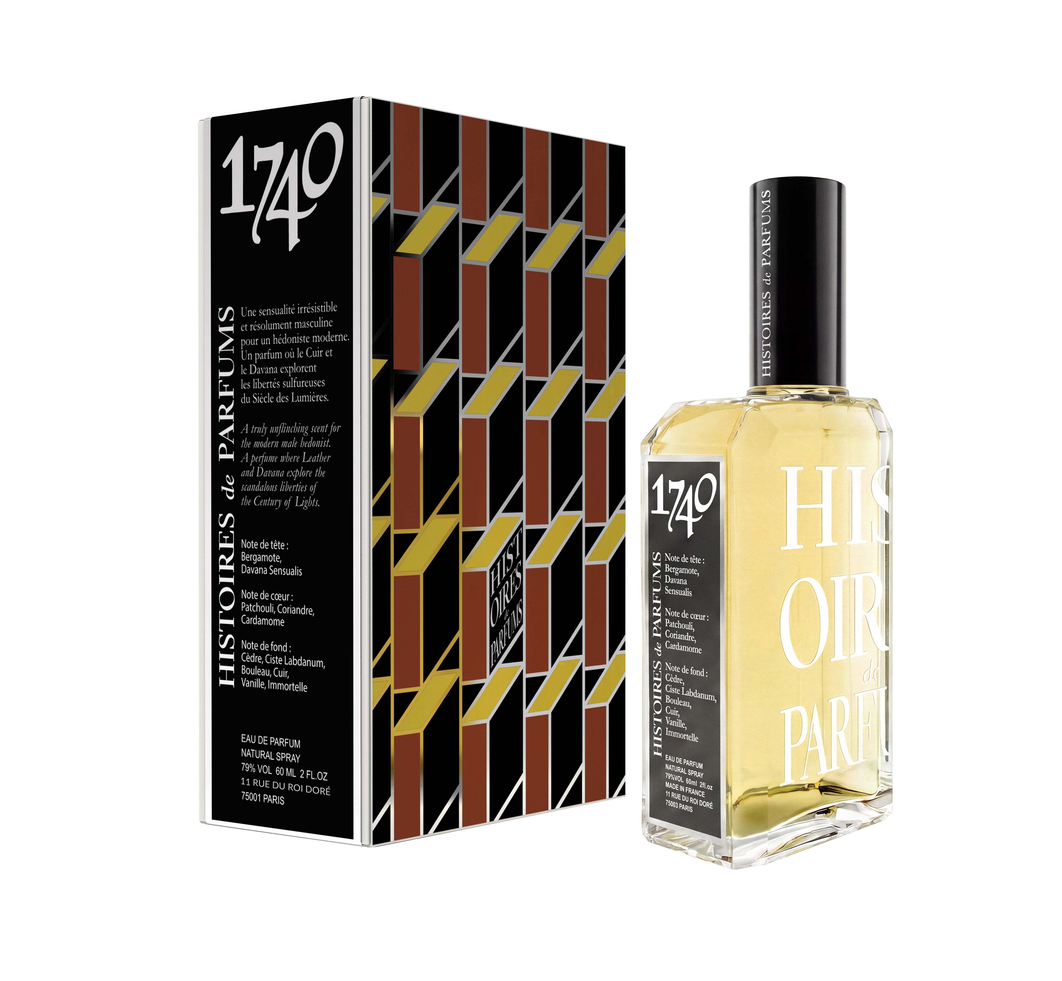 A perfume bottle of 1740 - 2 fl.oz next to its packaging box. 
